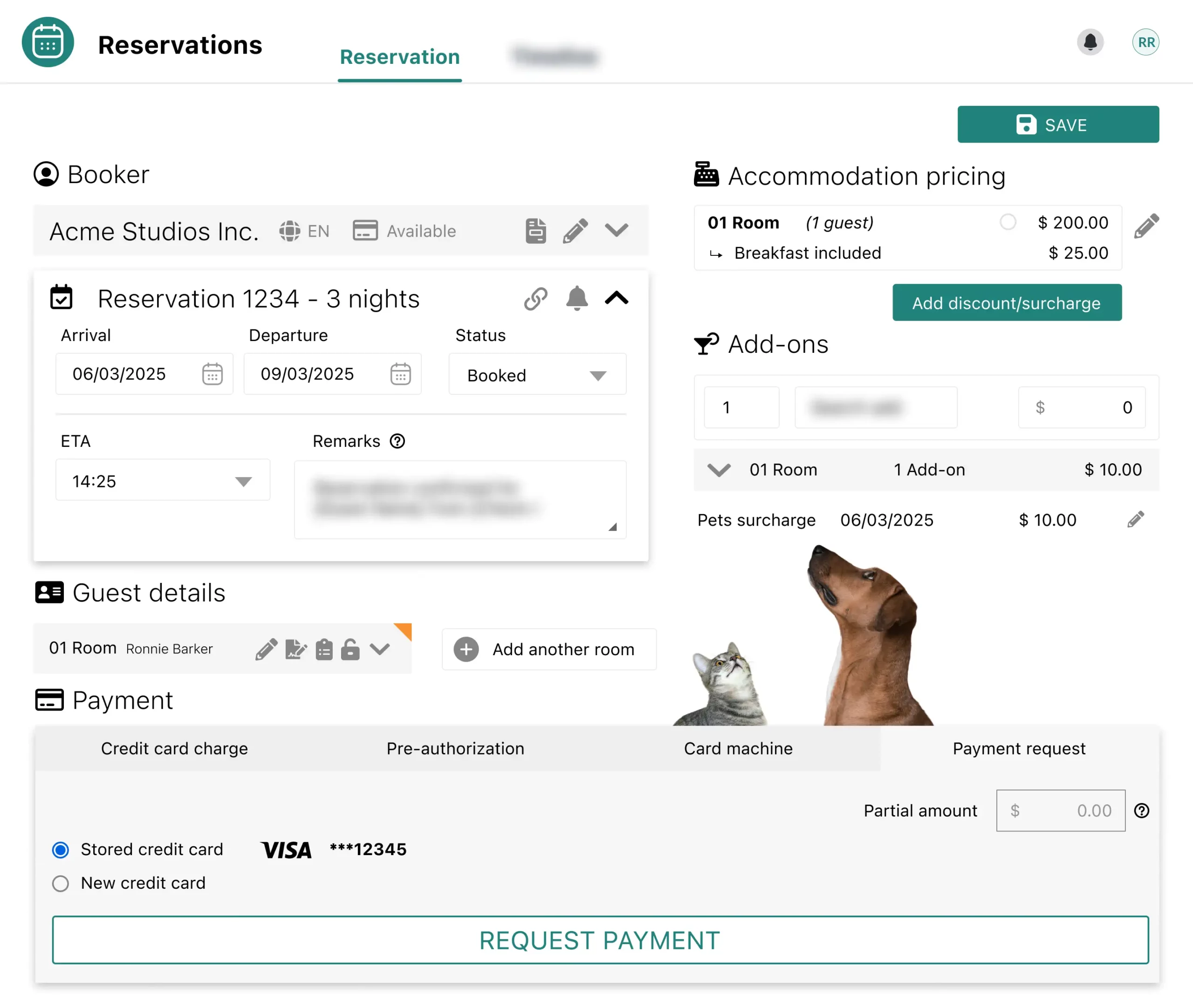 Hotel booking system interface with guest details